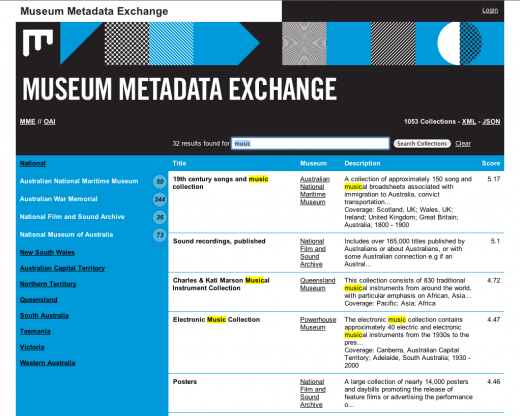 Museum Metadata Exchange website frontpage screenshot (with search results)