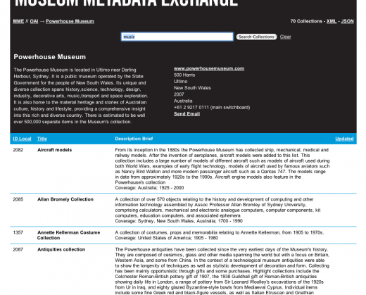 Museums Metadata Exchange screenshot (institution view)