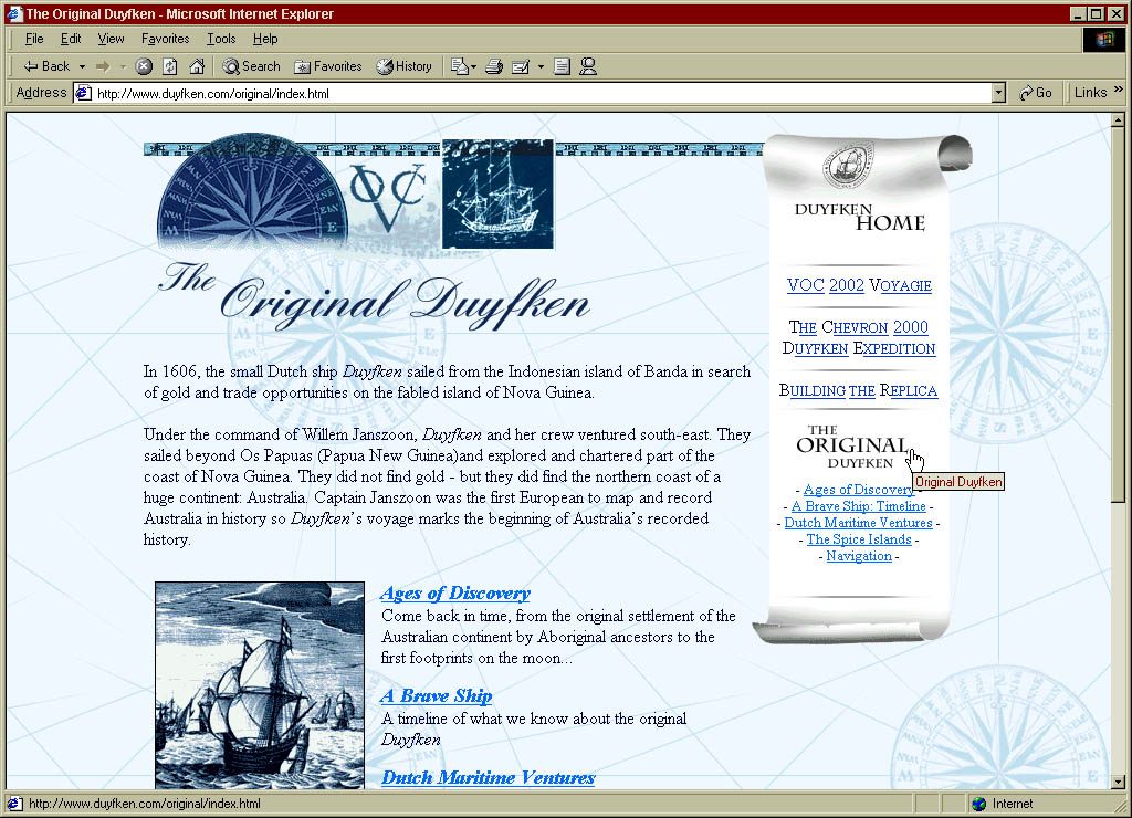 Homepage for Original Duyfken section – 2001