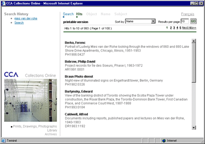 Screen Shot: CCA Collections Online Results Screen