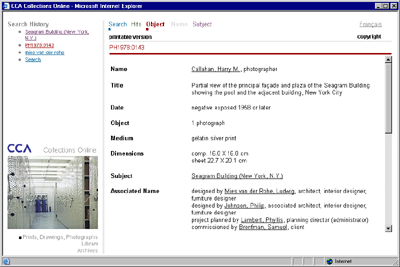 Screen Shot: CCA Collections Online Record Screen
